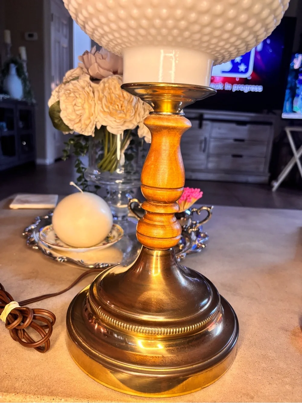 White Hobnail Glass Lantern Table Lamp with Brass Accents